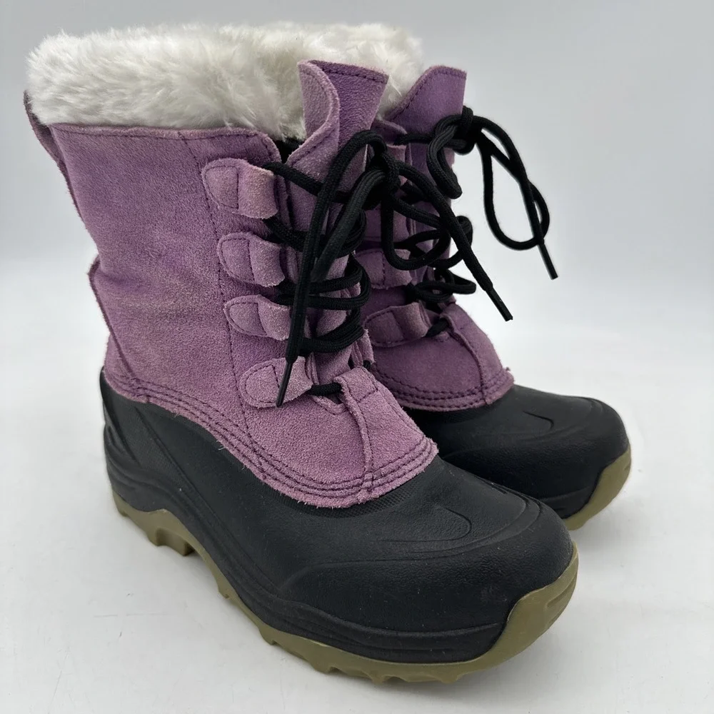 Lands' End girls purple suede black rubber duck fur lined winter boots Sz 1 EUC